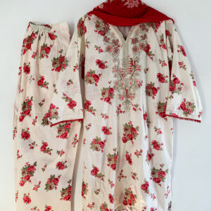 Beige rose printed lawn kurta with matching shalwar and red dupatta Rose Grace Lawn Stitched 3PC