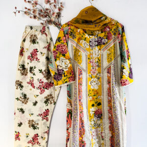 Yellow floral printed lawn kurta with cream shalwar and matching dupatta Zarminé 3PC suit