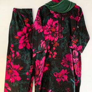 Rosa Noir Lawn Printed Stitched 3PC with pink floral design on black base, premium summer lawn suit for women