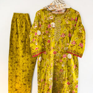 Golden Gulbahar lawn printed stitched 3PC suit with golden floral kurta, matching shalwar and dupatta