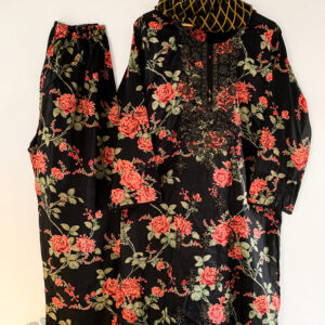 Black lawn 3-piece suit with red floral print, stitched kurta, shalwar and matching dupatta