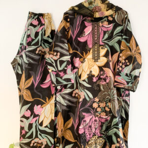 Midnight Flora Lawn Printed Stitched 3PC with vibrant floral print and matching dupatta